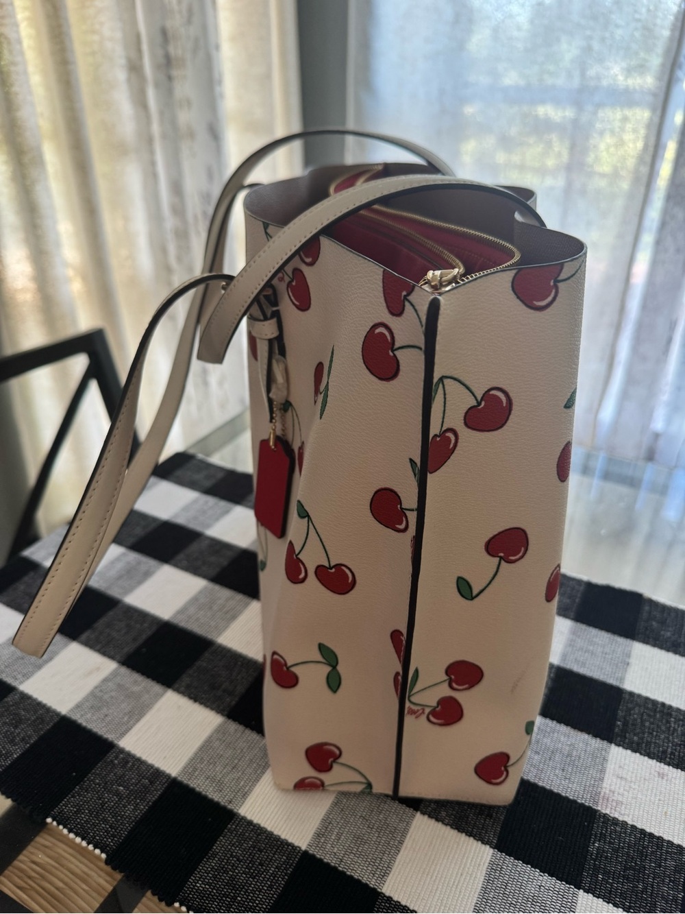 White Cherry Print Tote Bag with Red Accents